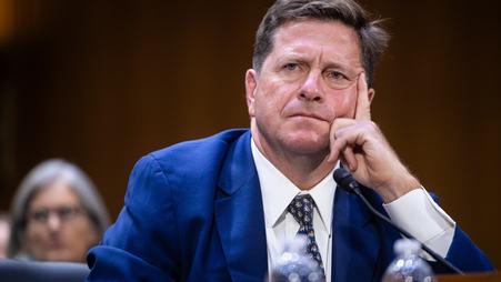 Jay Clayton testifies during his Senate Select Intelligence Committee confirmation hearing for the role of director of national intelligence on July 15, 2026.
