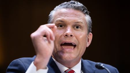 Defense Secretary Pete Hegseth testifies at a Senate Appropriations Committee hearing on July 21, 2026, in Washington, D.C., holding his thumb and pointer finger together.