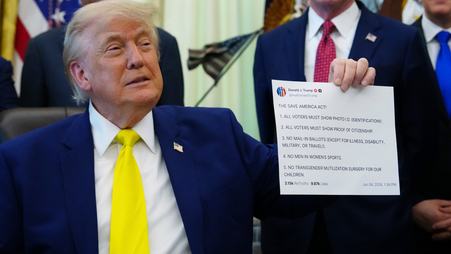 President Donald Trump in the Oval Office holds up a printout of one of his Truth Social posts in June 2026.