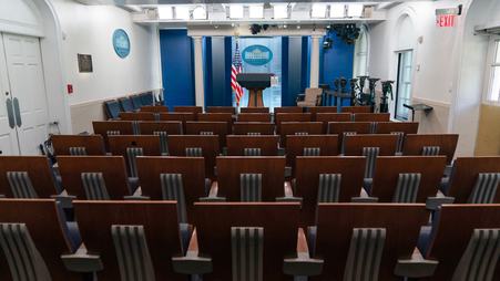 An empty White House press briefing room is seen on Sept. 19, 2026, in Washington, D.C.