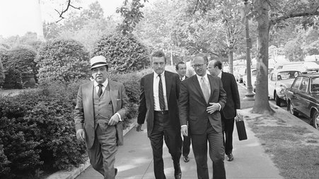 Lawyers from The New York Times on their way to argue the Pentagon Papers case in 1971. James Goodale, then vice president at the Times, is at front right.