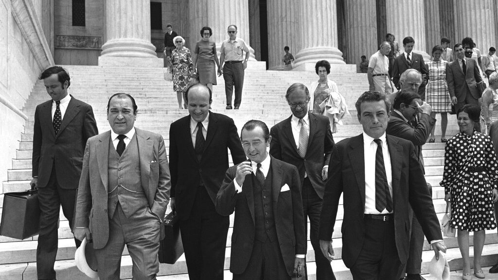 Attorneys for The New York Times leave the Supreme Court in Washington on June 26, 1971 after presenting arguments against the government’ suit to prevent The New York Times and The Washington Post from publishing articles on the secret history of the Vietnam War. They are, from left: Lawrence McKay; Floyd Abrams; Alexander Bickel, who presented the Times’ case before the court; James Goodale, Times’ Vice President and William Heggerty.