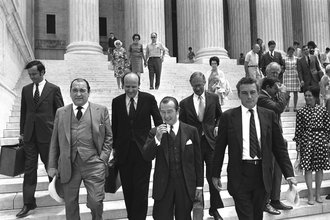Attorneys for The New York Times leave the Supreme Court in Washington on June 26, 1971 after presenting arguments against the government’ suit to prevent The New York Times and The Washington Post from publishing articles on the secret history of the Vietnam War. They are, from left: Lawrence McKay; Floyd Abrams; Alexander Bickel, who presented the Times’ case before the court; James Goodale, Times’ Vice President and William Heggerty.