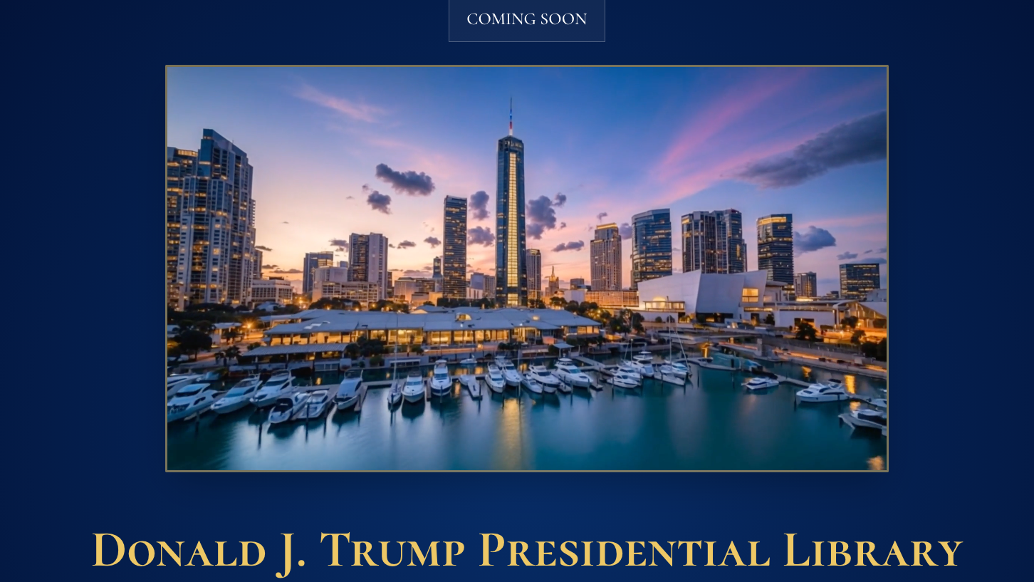 A cityscape featuring a skyscraper with “Trump” and a red, white, and blue spire at the top, and the text “Donald J. Trump Presidential Library” underneath.