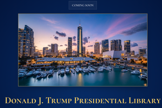A cityscape featuring a skyscraper with “Trump” and a red, white, and blue spire at the top, and the text “Donald J. Trump Presidential Library” underneath.