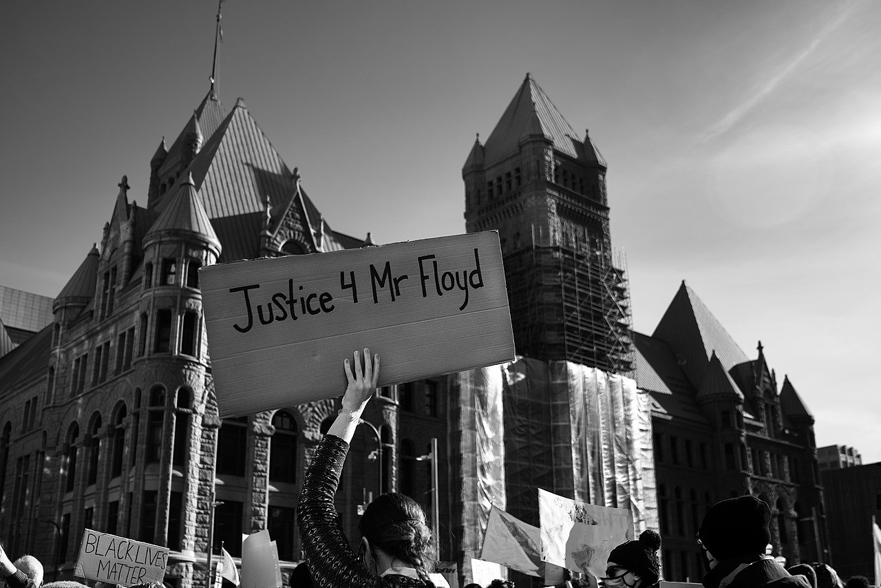 Protest outside Minneapolis City Hall, which also serves as a courthouse for Hennepin County