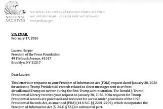 A screenshot of an email sent to Freedom of the Press Foundation by the National Archives