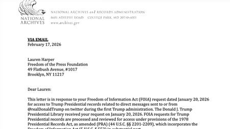 A screenshot of an email sent to Freedom of the Press Foundation by the National Archives