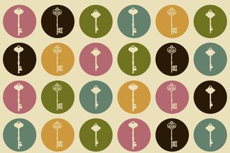 A set of different keys, in circles of different colors