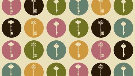 A set of different keys, in circles of different colors