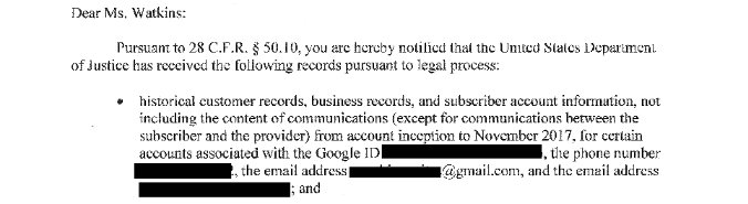 A section of the letter DOJ sent to NYT journalist Ali Watkins