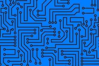 An illustration of black circuits on a blue background