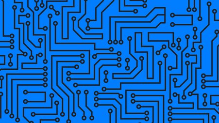An illustration of black circuits on a blue background