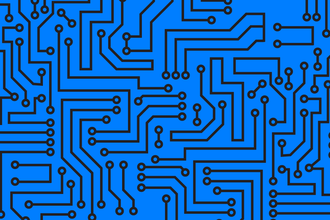 An illustration of black circuits on a blue background