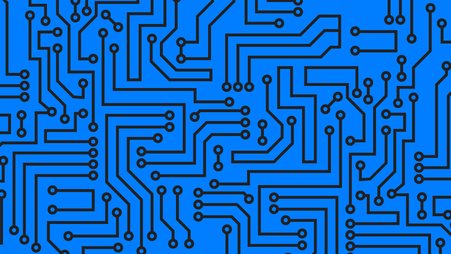 An illustration of black circuits on a blue background