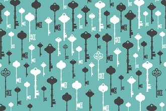 An image of physical door keys in black and white, over a cyan background. There are multiple keys that cover the whole image.