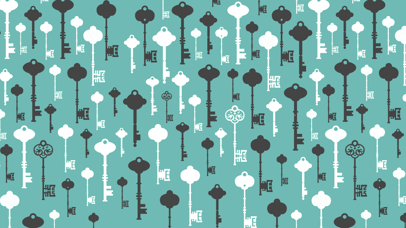 An image of physical door keys in black and white, over a cyan background. There are multiple keys that cover the whole image.