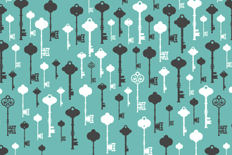 An image of physical door keys in black and white, over a cyan background. There are multiple keys that cover the whole image