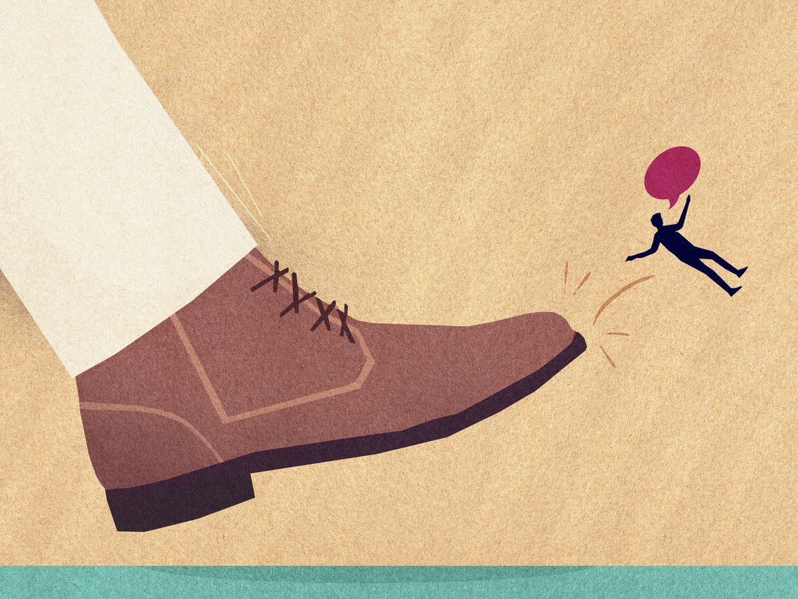 Illustration of a large leg with a brown shoe kicking a tiny person with a red speech bubble, who’s flying through the air.