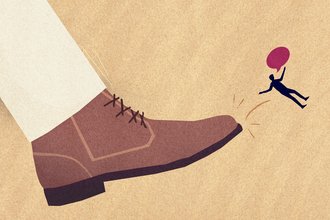 Illustration of a large leg with a brown shoe kicking a tiny person with a red speech bubble, who’s flying through the air.