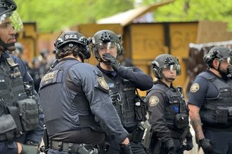 Portland Police Bureau officers preparing to advance on protesters at Portland State University on May 2, 2024 - Alissa Azar