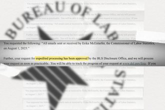 An illustration that features a line from a FOIA request to the Bureau of Labor Statistics showing that they've approved a request to expedite processing, over a background with the blurred BLS logo