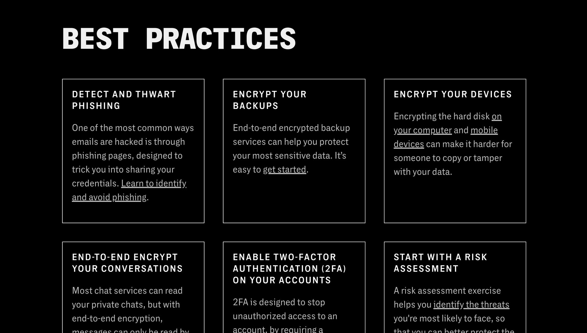 Digital Security for Filmmakers platform best practices page with tips laid out in boxes