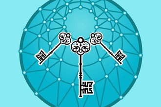 Blue lattice behind three ornate keys