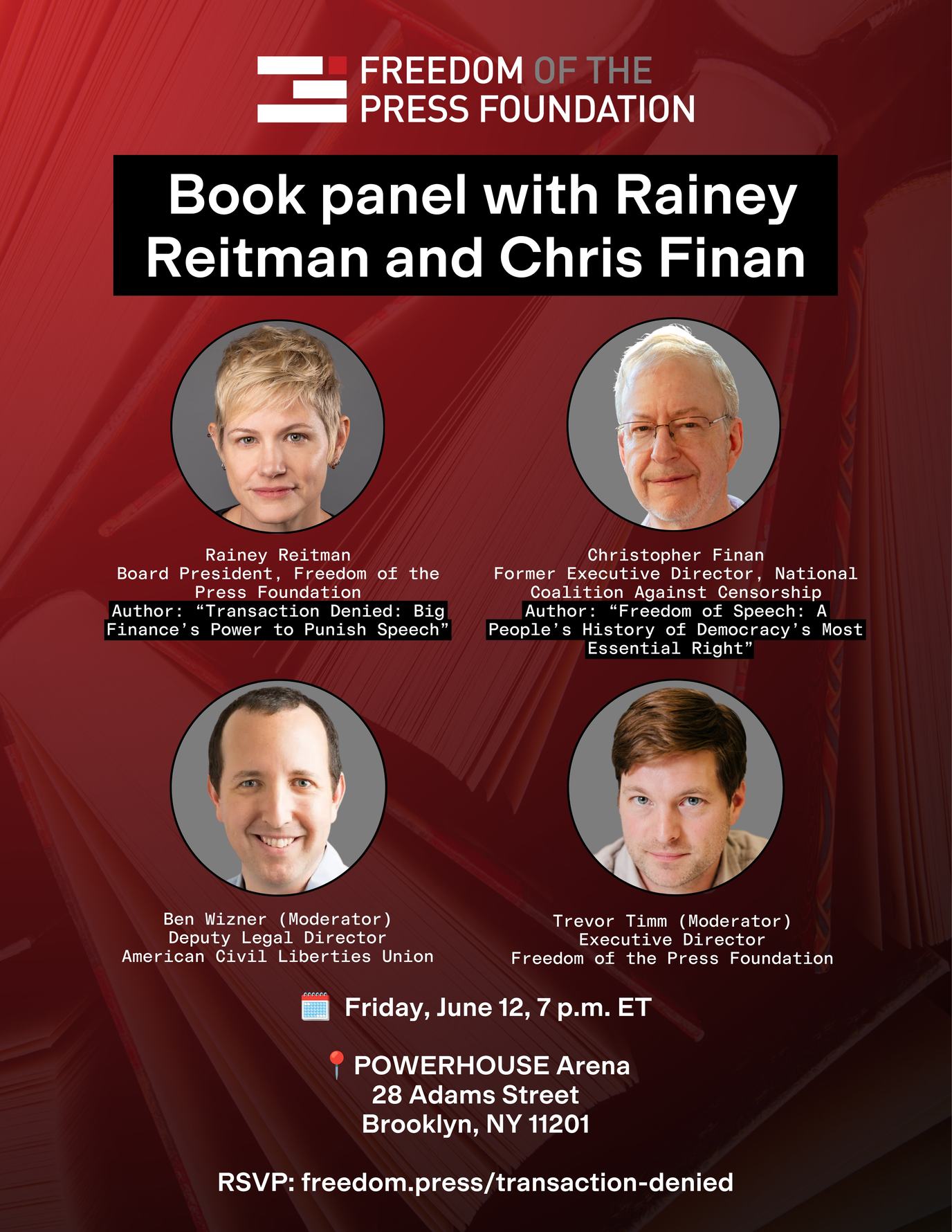 Flyer for FPF event with our board president Rainey Reitman on June 12 at POWERHOUSE Arena in Brooklyn