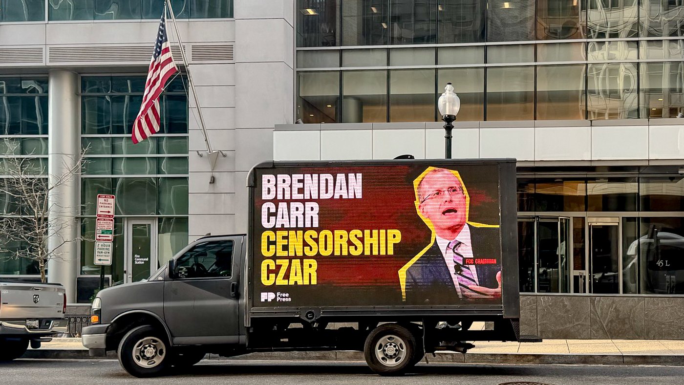 A truck in Washington, D.C., carrying a billboard with FCC Chair Brendan Carr’s photo, and the words, “Brendan Carr censorship czar.”