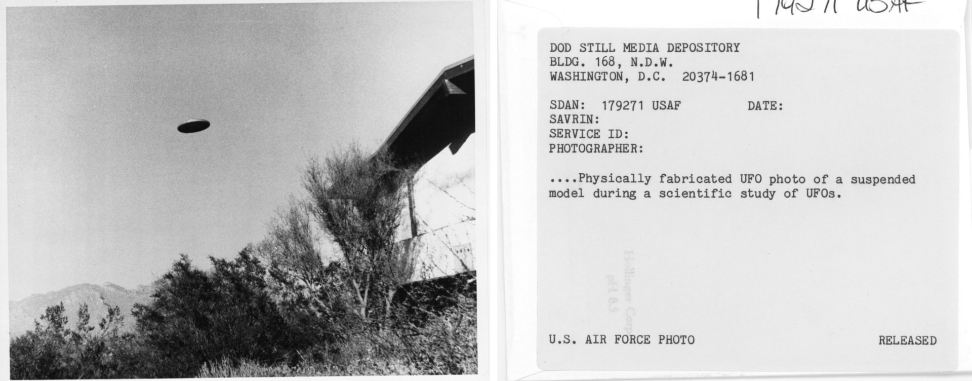 Physically fabricated UFO photo of a suspended model during a scientific study of UFOs by DOD retrieved from the National Archives