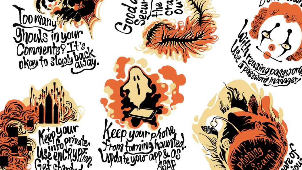 A series of illustrations of Halloween-themed images and captions