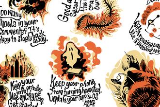 A series of illustrations of scary Halloween-themed images and captions