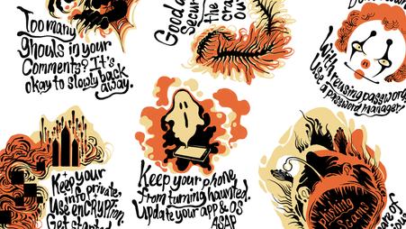 A series of illustrations of scary Halloween-themed images and captions