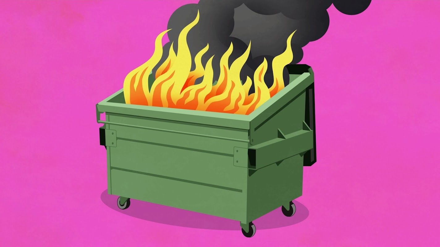 An illustrated image of a green dumpster on fire with smoke billowing out, over a pink background