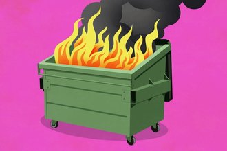An illustrated image of a green dumpster on fire with smoke billowing out, over a pink background
