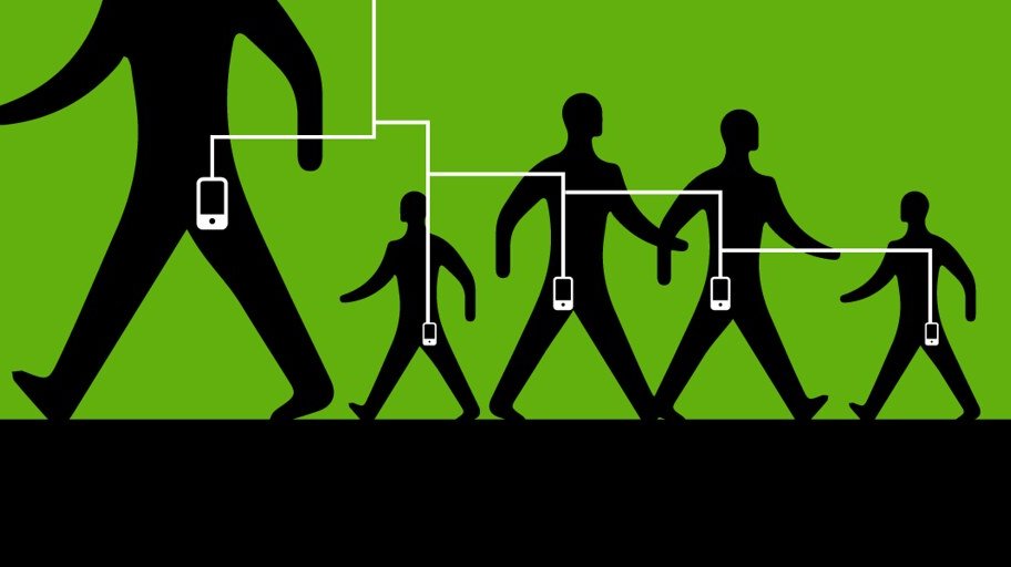 Image of stick figures with cell phones in their pockets connected by a white line walking on a bright green background