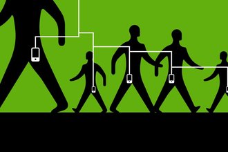 Image of five individuals walking, with icons of cellphones in their pockets linked by connective lines