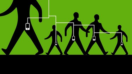 Image of five individuals walking, with icons of cellphones in their pockets linked by connective lines