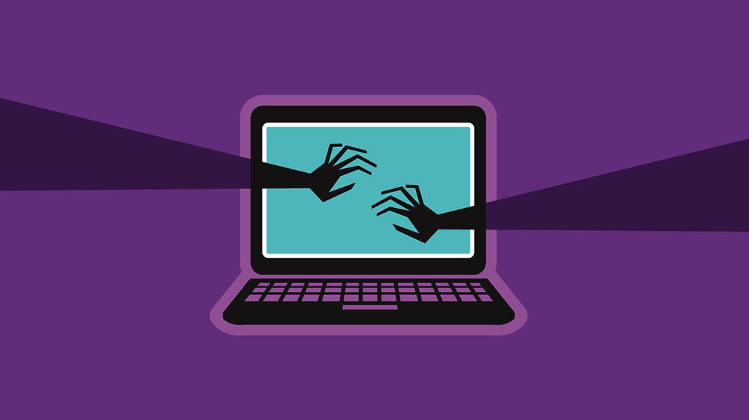 Illustration of an open laptop with long arms and scary hands reaching toward the screen, against a purple backdrop.