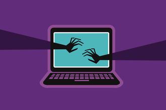 Illustration of an open laptop with long arms and scary hands reaching toward the screen, against a purple backdrop.