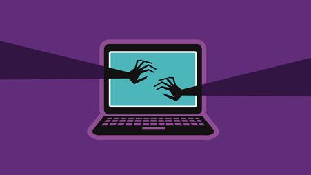 Illustration of an open laptop with long arms and scary hands reaching toward the screen, against a purple backdrop.