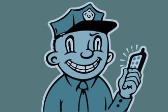Illustration of a police officer with a peculiar smile holding a smartphone