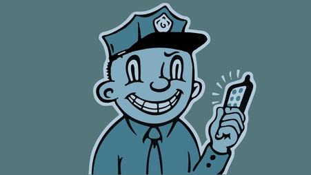 Illustration of a police officer with a peculiar smile holding a smartphone