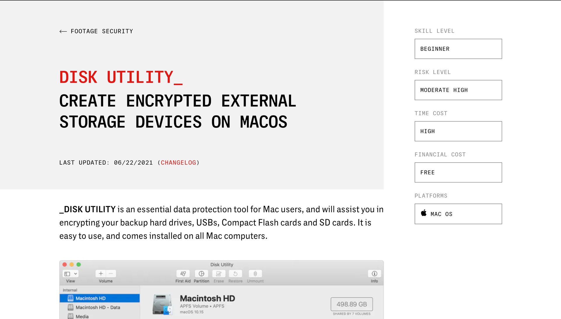 Digital Security for Filmmakers platform resource page on encrypting external storage devices with Disk Utility
