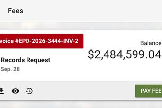 A screenshot of the fee requested by the town of Eugene, Oregon, for a records request filed by Double Sided Media, totaling $2,484,599.04.