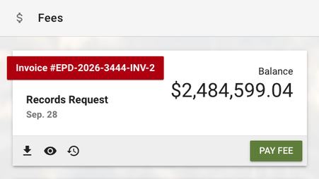 A screenshot of the fee requested by the town of Eugene, Oregon, for a records request filed by Double Sided Media, totaling $2,484,599.04.