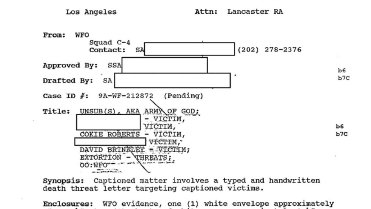 A screenshot of a page of an FBI file on journalist Cokie Roberts.