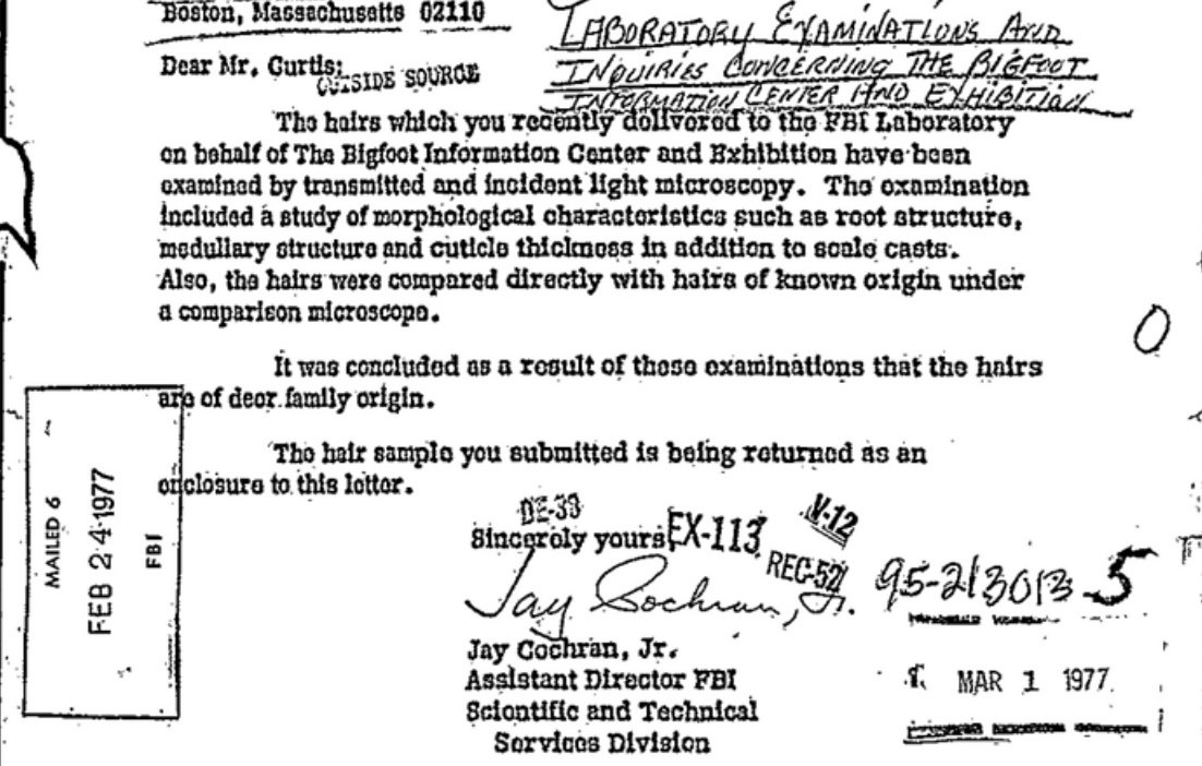 An FBI screenshot of Bigfoot files