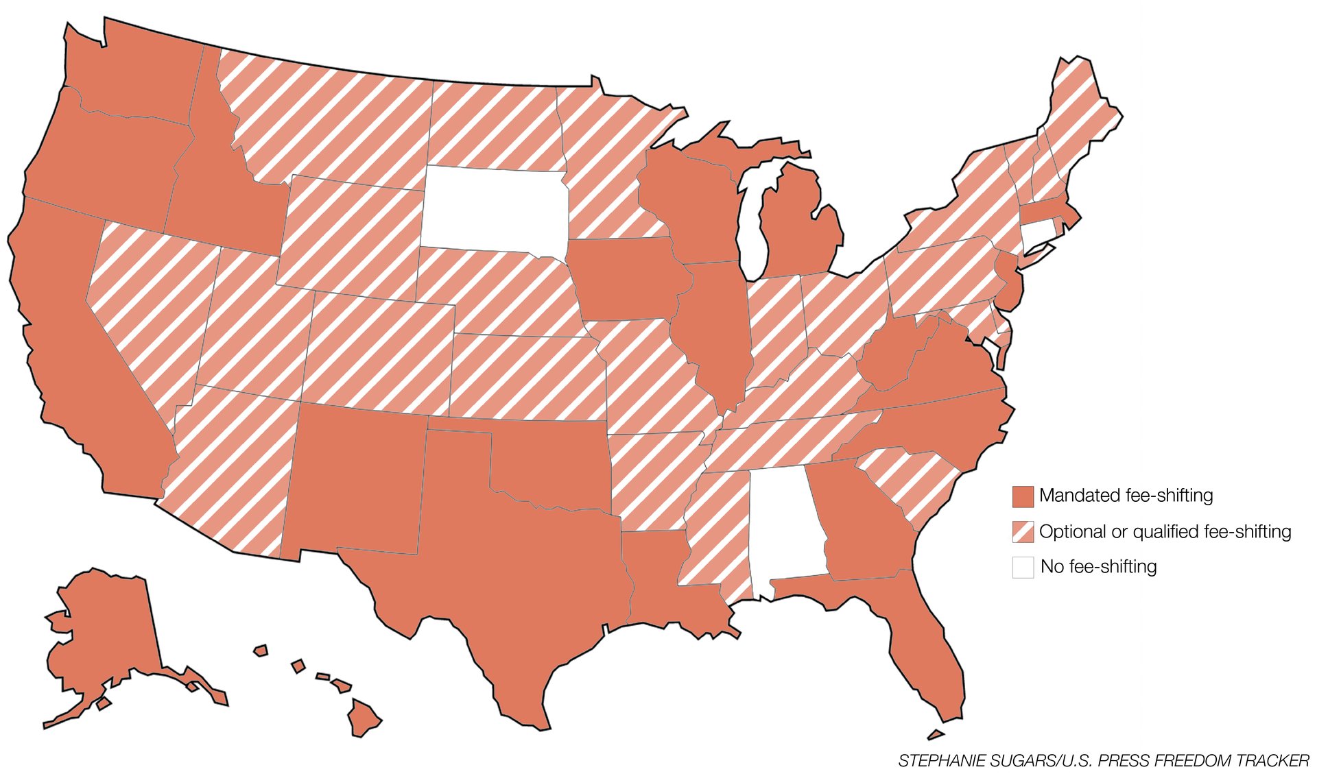 Map of U.S. states with fee shifting for public records lawsuits